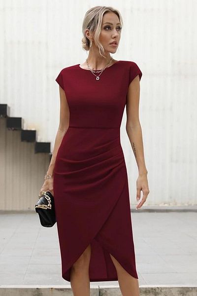 Mossta Crew Neck Draped Midi Length Crepe Dress - Burgundy