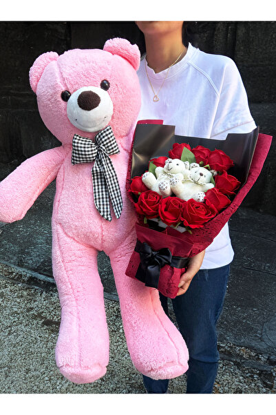 lenostra 80cm Pembe Ayıcık ve Ayıcıklı Çiçek Buketi Beyaz Ayıcıklı ve Kırmızı...