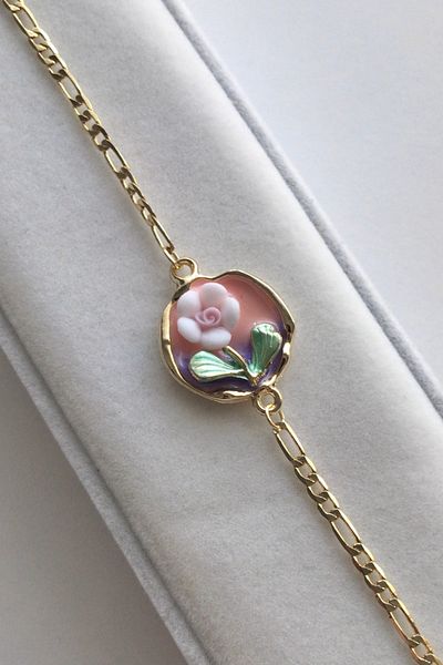 AurorAccessory Mineli Embroidered Figaro Chain Gold Pink Flower Bracelet 17+3 cm