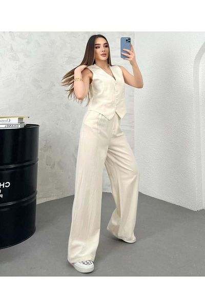 Melike Bakar Boutique Women's Cream Linen Fabric Lined Vest Elastic High Waist Palazzo Pants Set