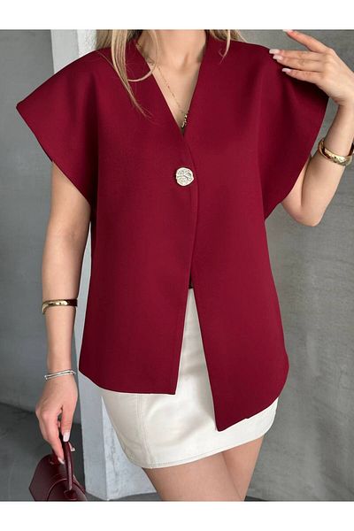vesantia Women's Burgundy Single Button Loose Lined Vest