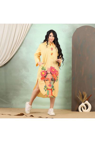 Lyaly aljlabyh The "Spirit of Art" jalabiya is a summer dress with an artistic print of a woman's face decorated with flowers, for a modern and innovative look.