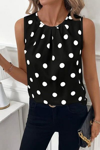 Mossta Polka Dot Patterned Sleeveless Atlas Blouse - Black
