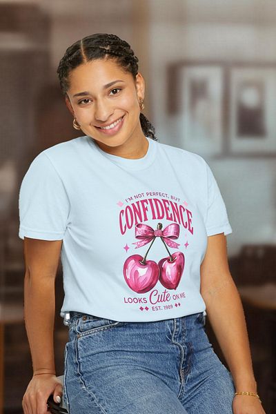 BESSA Tricou cu imprimeu albastru gheață pentru femei Confidence Written Cherry 100% bumbac Croiala confortabilă