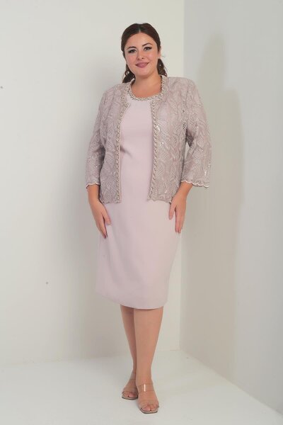 By Saygı Women's Sleeveless Dress Sequin Embroidered Tulle Jacket Bead Detail Lined Plus Size 2-Piece Set