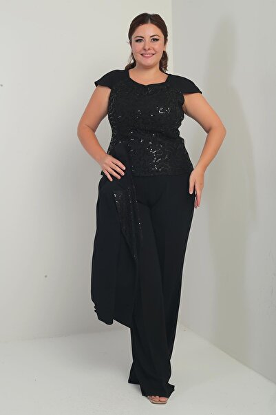 By Saygı Women's Pentagonal Collar Sleeveless Lace Blouse Single Button Jacket Palazzo Pants Lined Sequin Detailed Large Be