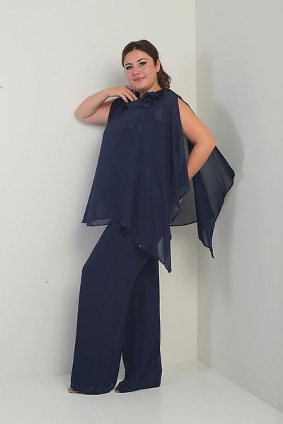By Saygı Women's Collar Satin Cape Inside Pulp Sequin Sleeveless Blouse Palazzo Pants Lined Plus Size Chiffon 3-Piece