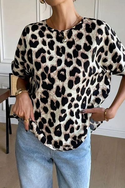 Mossta Crew Neck Bow Detailed Single Jersey Blouse - Leopard