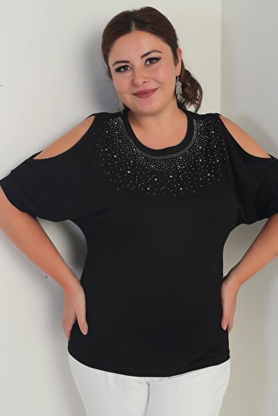 By Saygı Women's Stoned Collar, Off-The-Shoulder, Short Bat Sleeve, Lycra Plus Size Blouse