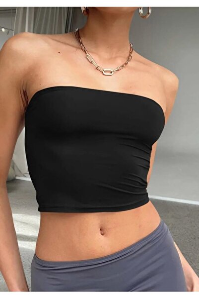 Gülmude Чорний бюстгальтер-кроп-топ без бретелей, повністю еластичний, асиметричний крій