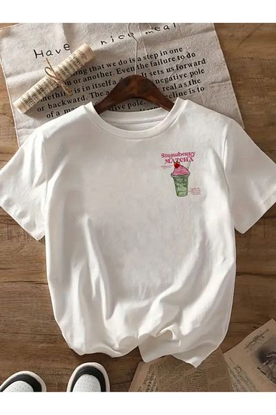 AEMİ Unisex Strawberry Matcha Printed Oversize Crew Neck T-Shirt