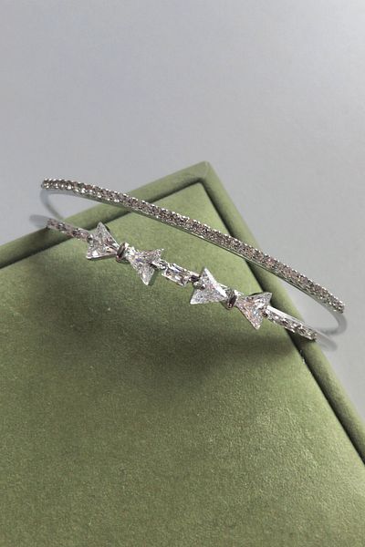 AurorAccessory Silver Color White Stone Double Bow Adjustable Wrist Bracelet Handcuffs