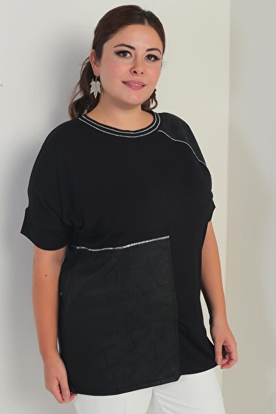 By Saygı Γυναικεία δερμάτινη γαρνιρισμένη μπλούζα με λάμψη με λεπτομέρεια Lycra Plus Size