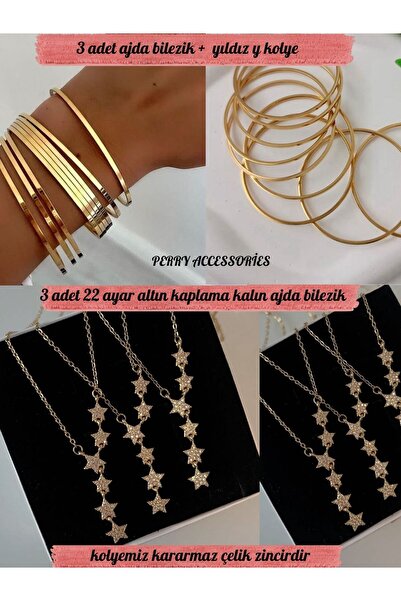 Perry Accesories 3 adet 22 ayar altın kaplama ajda bilezik ve gold renk çelik yıldız y kolye kolye bileklik set