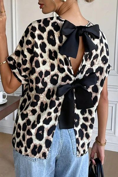 Mossta Crew Neck Bow Detailed Single Jersey Blouse - Leopard