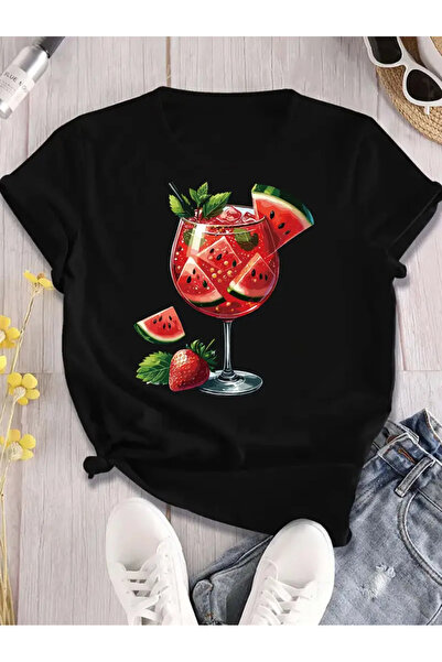 AEMİ Tricou oversize unisex cu decolteu cu imprimeu pepene verde și căpșuni