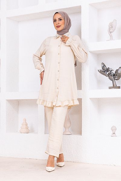 OKTAYUSTA COLLECTİON Stone Detailed Modal Cotton Double Bottom-Top Set Beige