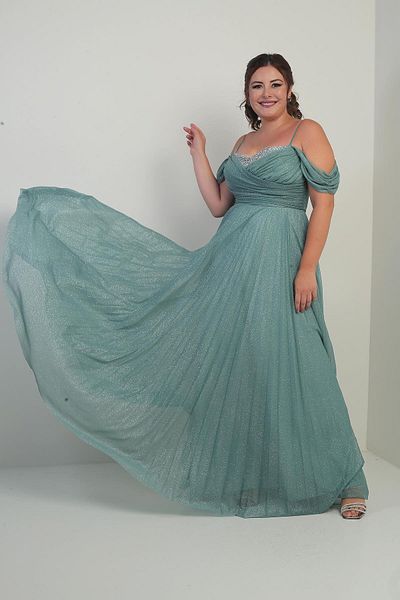 By Saygı Women's Stone Embroidered Strapless Neckline Rope Strap Off Shoulder Silvery Long B.B. Dress