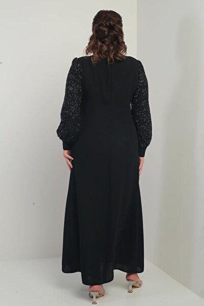 By Saygı Women's Sleeve and Front Sequin Plus Size Long Hijab Dress