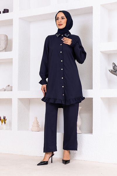OKTAYUSTA COLLECTİON Stone Detailed Modal Cotton Double Bottom-Top Set Navy Blue