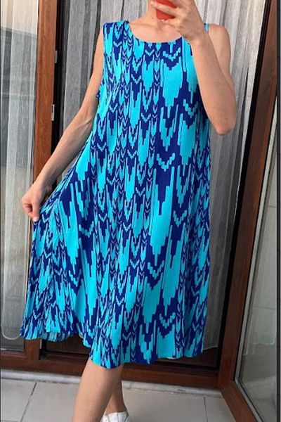 AYASOFYA OTANTIK Women's Blue Retro Patterned Sleeveless Midi Dress
