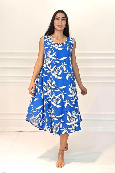 Markano Saks Blue Floral U-Neck Strap Midi Dress