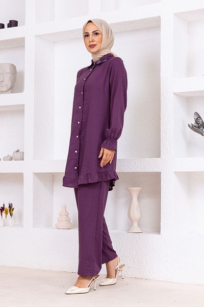 OKTAYUSTA COLLECTİON Stone Detailed Modal Cotton Double Bottom-Top Set Lilac