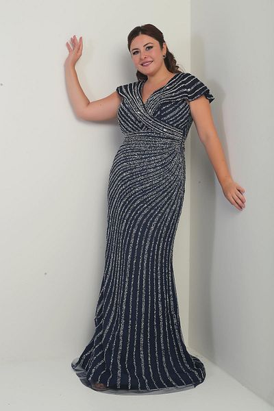 By Saygı Women's Front Back V-Neck Stone Printed Lined Plus Size Fish Dress