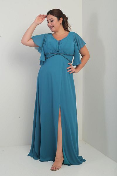 By Saygı Women's Front Back V Neck Flounced Sleeve Lined Waist Beaded Pockets Plus Size Chiffon Dress