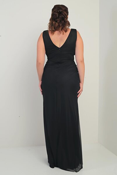 By Saygı Γυναικείο μπροστινό πίσω μέρος με λαιμόκοψη V με επένδυση μπροστά Dapeli 3 μεγέθη Floral Plus Size Μακρύ φόρεμα από τούλι