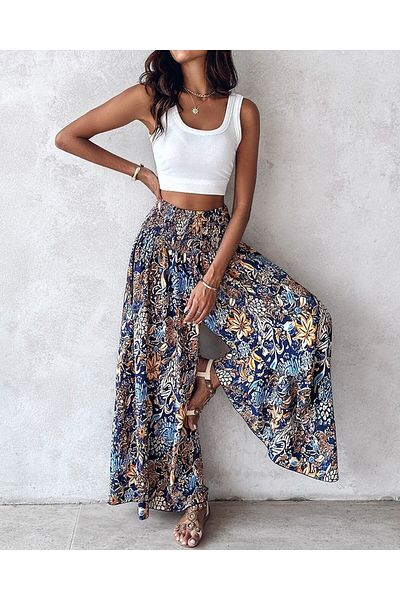 Monapera High Waist Elastic Waist Patterned Wide Leg Single Jersey Pants