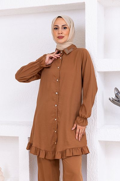 OKTAYUSTA COLLECTİON Stone Detailed Modal Cotton Double Bottom-Top Set Brown