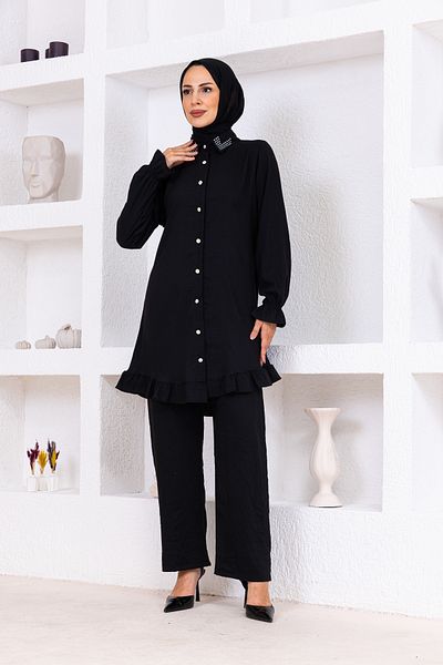 OKTAYUSTA COLLECTİON Stone Detailed Modal Cotton Double Bottom-Top Set Black
