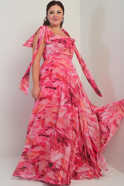 By Saygı Γυναικείο μακρύ φόρεμα από σιφόν κρεπ με γιακά Degaje με δεμένο με φύλλα με επένδυση