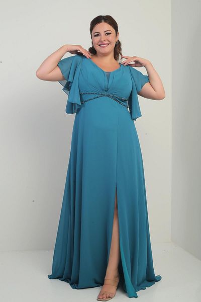 By Saygı Women's Front Back V Neck Flounced Sleeve Lined Waist Beaded Pockets Plus Size Chiffon Dress