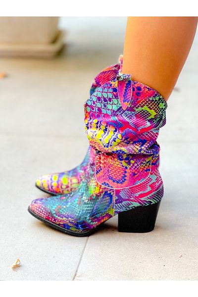 BERFONA Tokyo Colorful Snake Pattern Satin Fabric 6 cm Heel Dallas Boots Botti̇e