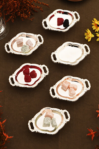 AKSESUAR EVRENİ Viola's-DK Gümüş 6'lı Set Şekerlik Lokumluk Çerezlik Sunumluk Dekoratif Kulplu Kase