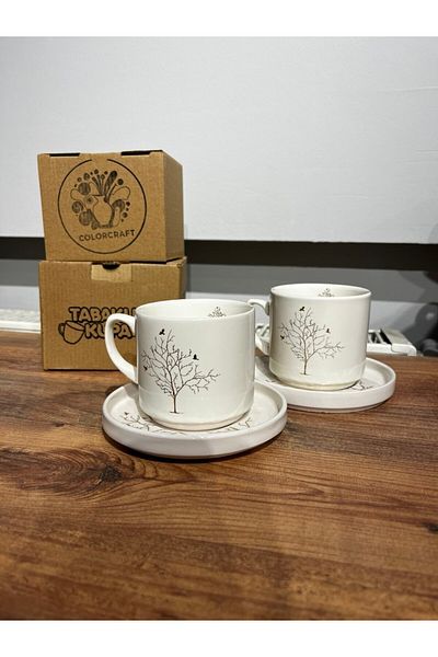 ColorCraft Coffee Cup Set for 2 Persons 4 Piece Filter Coffee, Tea Cup Set, White Tree of Life Pattern