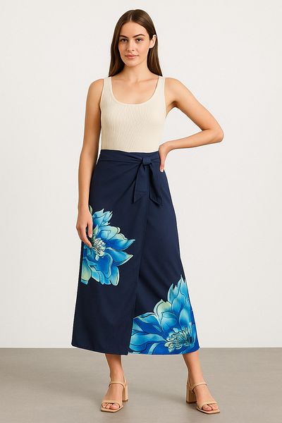 Noi Belis Navy Blue Midi Length Floral Patterned Double Breasted Satin Skirt Ss25Et0003