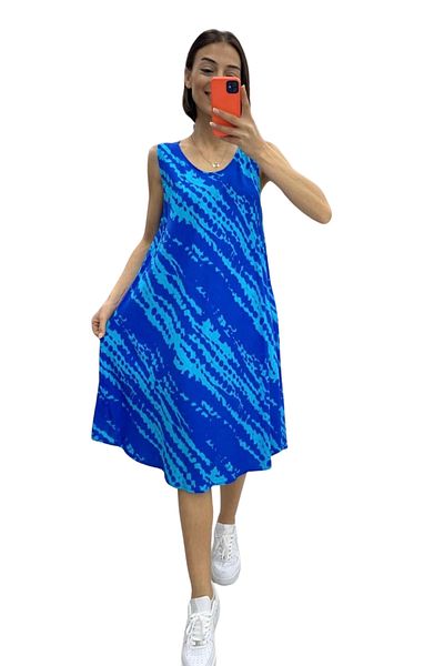 Markano Saks Blue Line Patterned Thick Strap Midi Dress