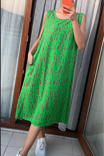 AYASOFYA OTANTIK Women's Blue Retro Patterned Sleeveless Midi Dress