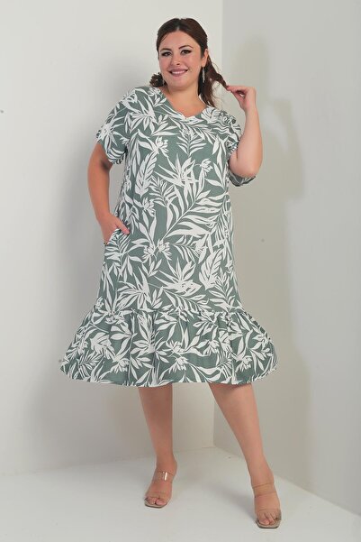 By Saygı Γυναικεία φούστα με μικτό μοτίβο με λαιμόκοψη V με τσέπες με βολάν Plus Size φόρεμα