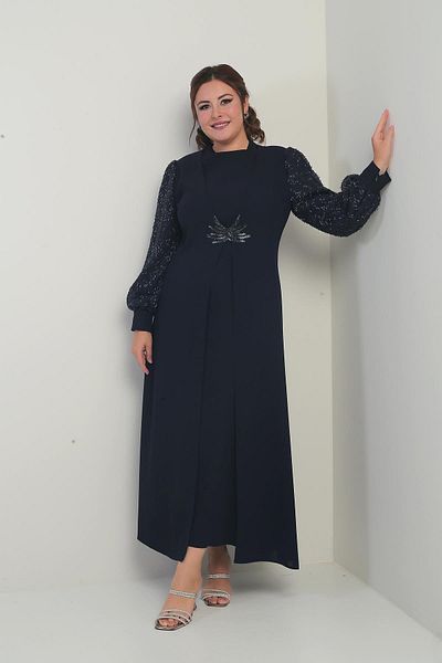 By Saygı Women's Sleeve and Front Sequin Plus Size Long Hijab Dress