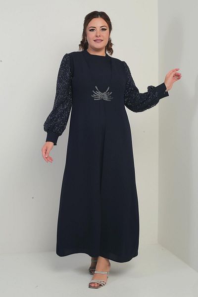 By Saygı Women's Sleeve and Front Sequin Plus Size Long Hijab Dress