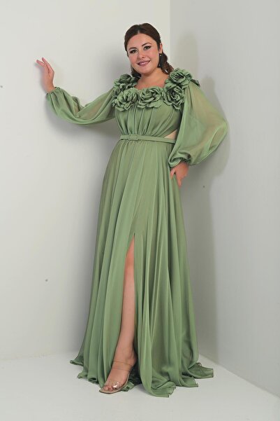 By Saygı Floral Madonna Collar Belted Lined Chiffon B.B. Long Dress