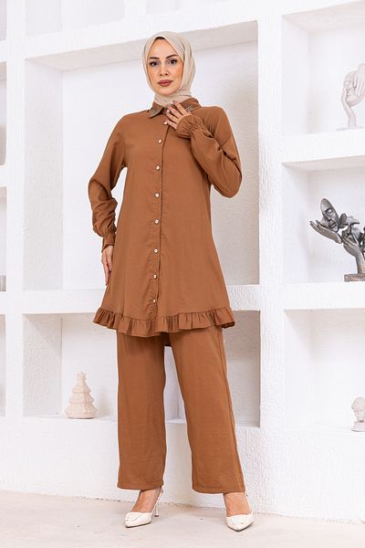 OKTAYUSTA COLLECTİON Stone Detailed Modal Cotton Double Bottom-Top Set Brown