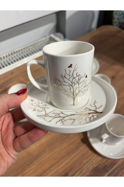 ColorCraft Coffee Cup Set for 6 People 12 Pieces Porcelain White Tree of Life Patterned