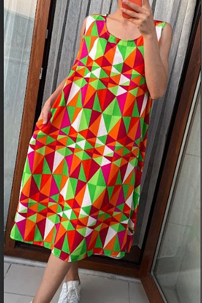 AYASOFYA OTANTIK Women's Multicolor Retro Patterned Sleeveless Midi Dress