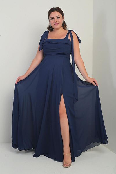 By Saygı Women's Degaje Collar Shoulder Tie Lined Plus Size Crepe Chiffon Long Dress