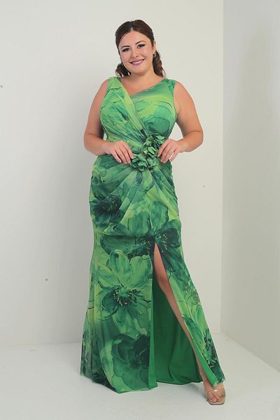 By Saygı Women's Front Back V Neckline Lined Front Draped 3D Floral Print Plus Size Tulle Long Dress